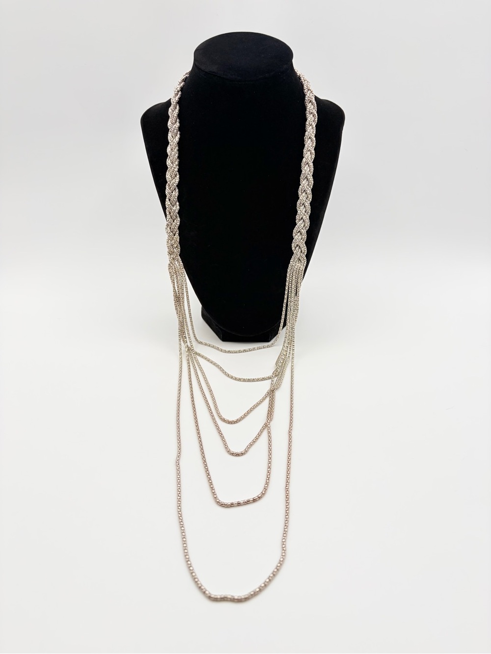 Silver Tone Multi Strand Tassel Necklace Braided Statement Piece
